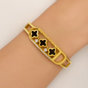 Premium Gold Finish Kada with Black Enamel & CZ Accents – Unisex