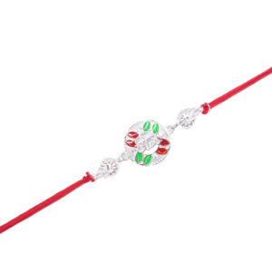 Multicolor Leaf Design Rakhi with Elegant Om Motif – Silver-Tone Finish