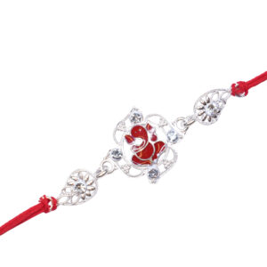 Silver Finish Ganesha Rakhi with Red Enamel & Stones