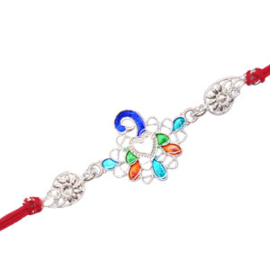 Colorful Heart Design Rakhi with Silver Finish & Red Thread
