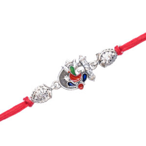 Silver-Toned Lord Ganesha Rakhi with Red Thread & Stone Detailing